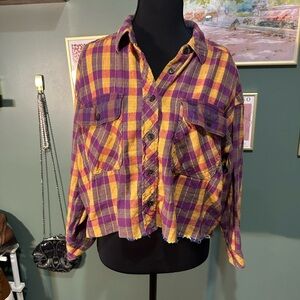 💕Urban Outfitters Purple and Yellow Plaid Button-Up Shirt Oversized XS